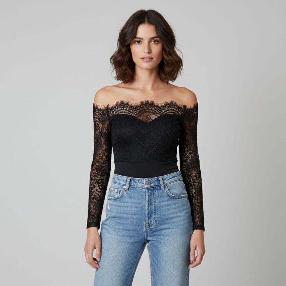 ⭐Women's Small Black Eyelash Hem Lace Off Shoulder Bodysuit Long Sleeve Top⭐